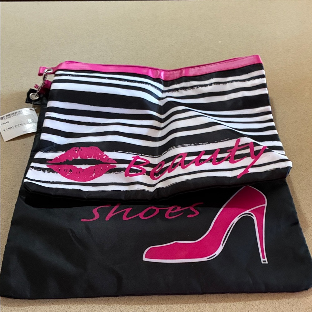 Striped Pink and Black Cosmetic Bag and shoe bag for traveling